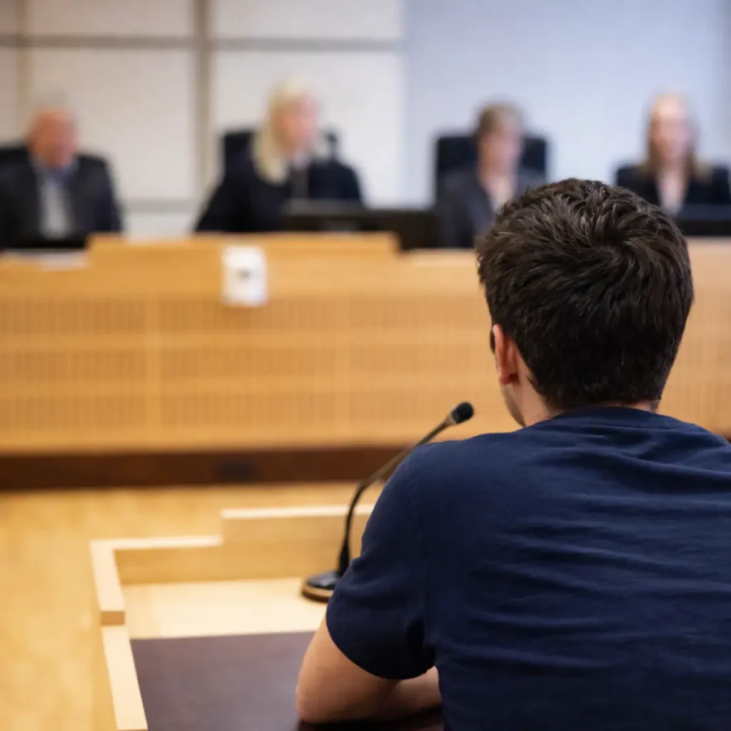 Åtalad man i ett brottmål i rättssal i Stockholm